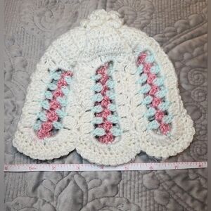 Handknit Infant Cap - light blue, pink, and white, newborn
